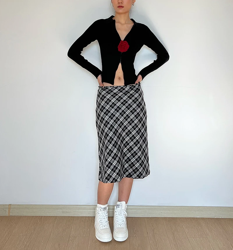 

Women High Waist Plaid A-Line Midi Skirt