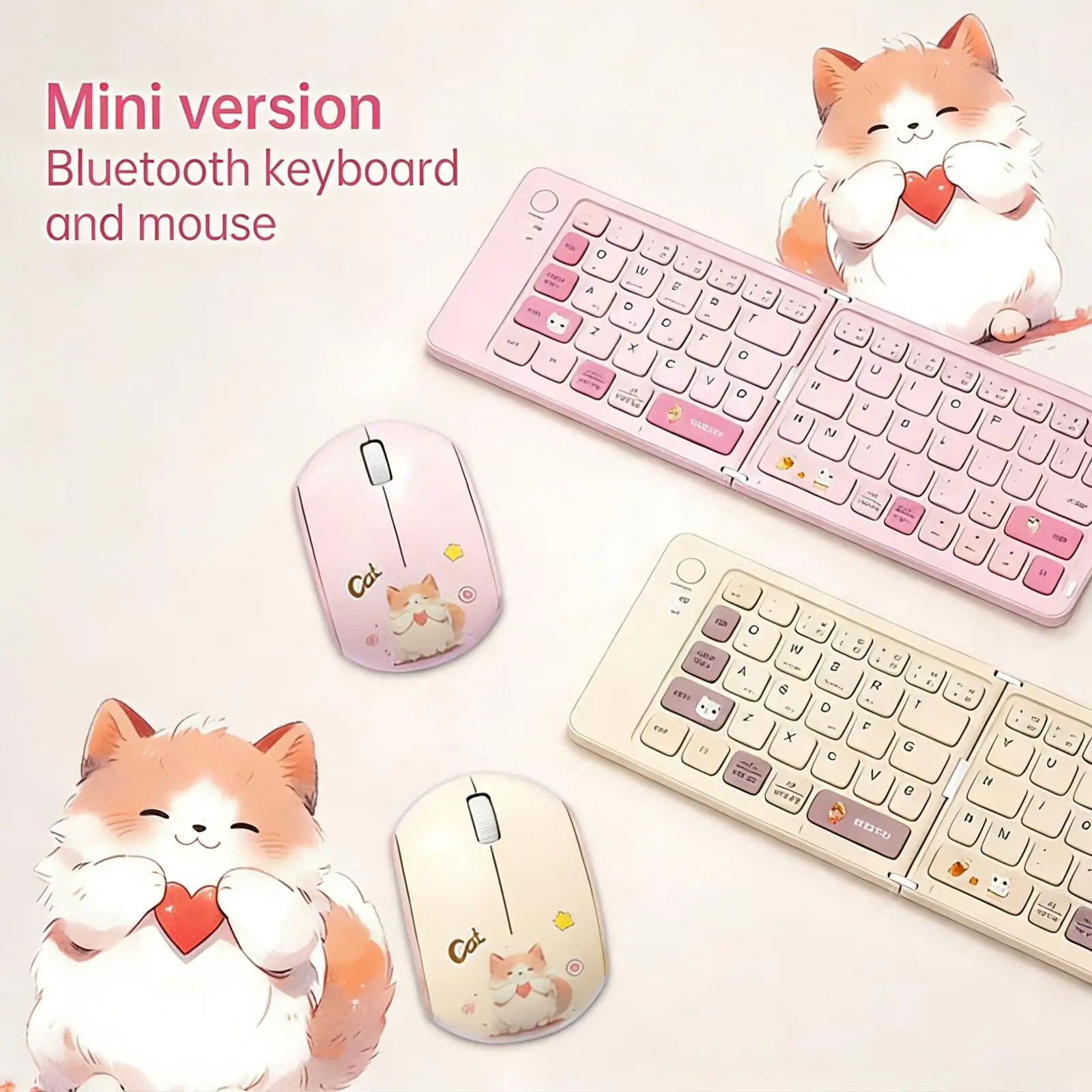 

Kawaii Cat Style Wireless Bluetooth Foldable Keyboard Mouse Set Mini Silent Click Long Battery Life For PC Laptop Girl Cute Gift