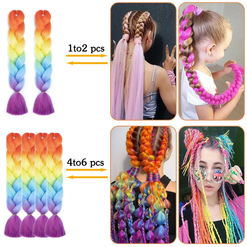 AZCalls EEN-Extensions de tresses synthétiques pour enfants, tresses de bricolage pour enfants, 24 po, rose, violet, jaune