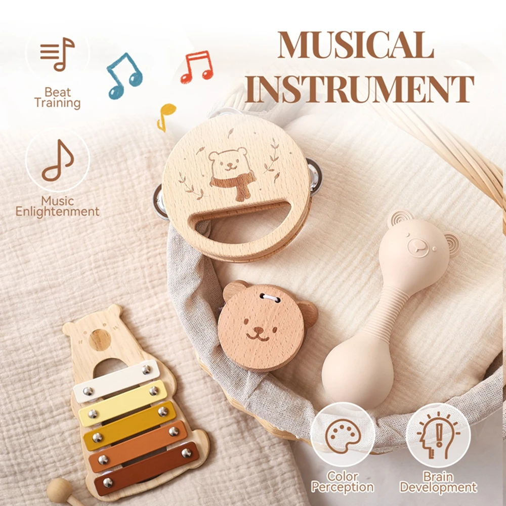 5pc Baby Music Rattle Sets,Hand Music Bell,Baby 0 3 Years Toys,Make Sound Toys,Bear Music Rattle,Wooden Educational Toys for Kid