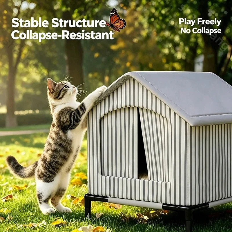 Winter Warm Stray Cat Shelter 8cm Elevated Feral Cat House Waterproof Oxford Fabric Moisture Proof Kennel for Outdoor Garden