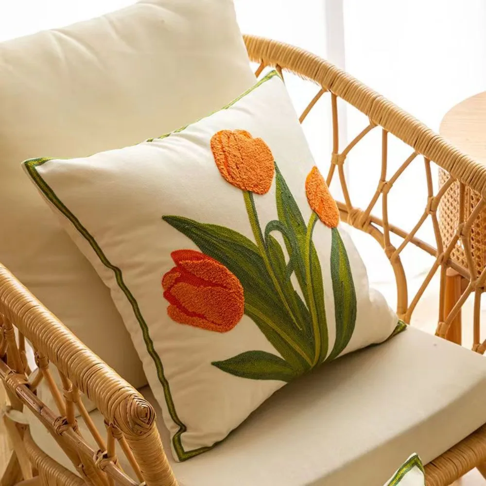 CIFBUY Tulip Orchid Embroidered Cushion Cover Soft Canvas Wild Floral Decorative Throw Pillow Case for Home Living Room Bedroom