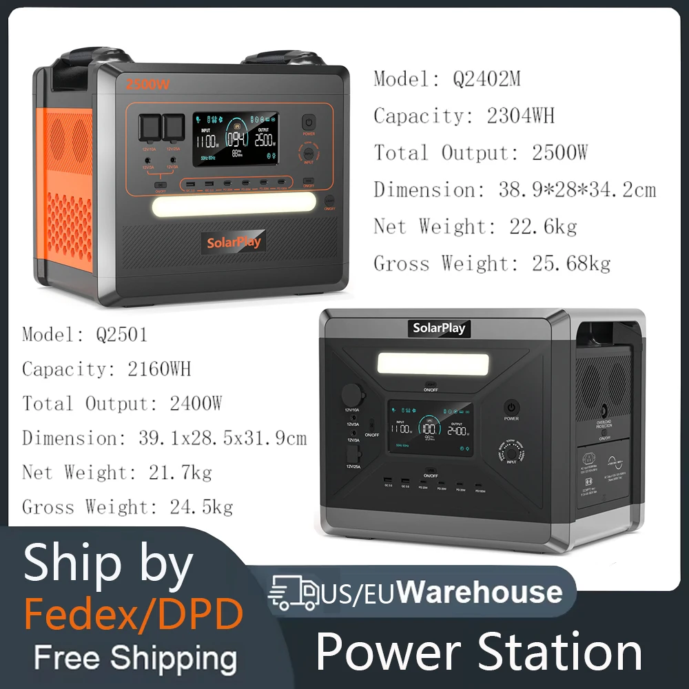 SOLARPLAY Q2501 Q2402M Portable Power Station 2160WH 2304WH LiFePO4 Battery with 2400W/2500W (4800W Peak) Solar Generator