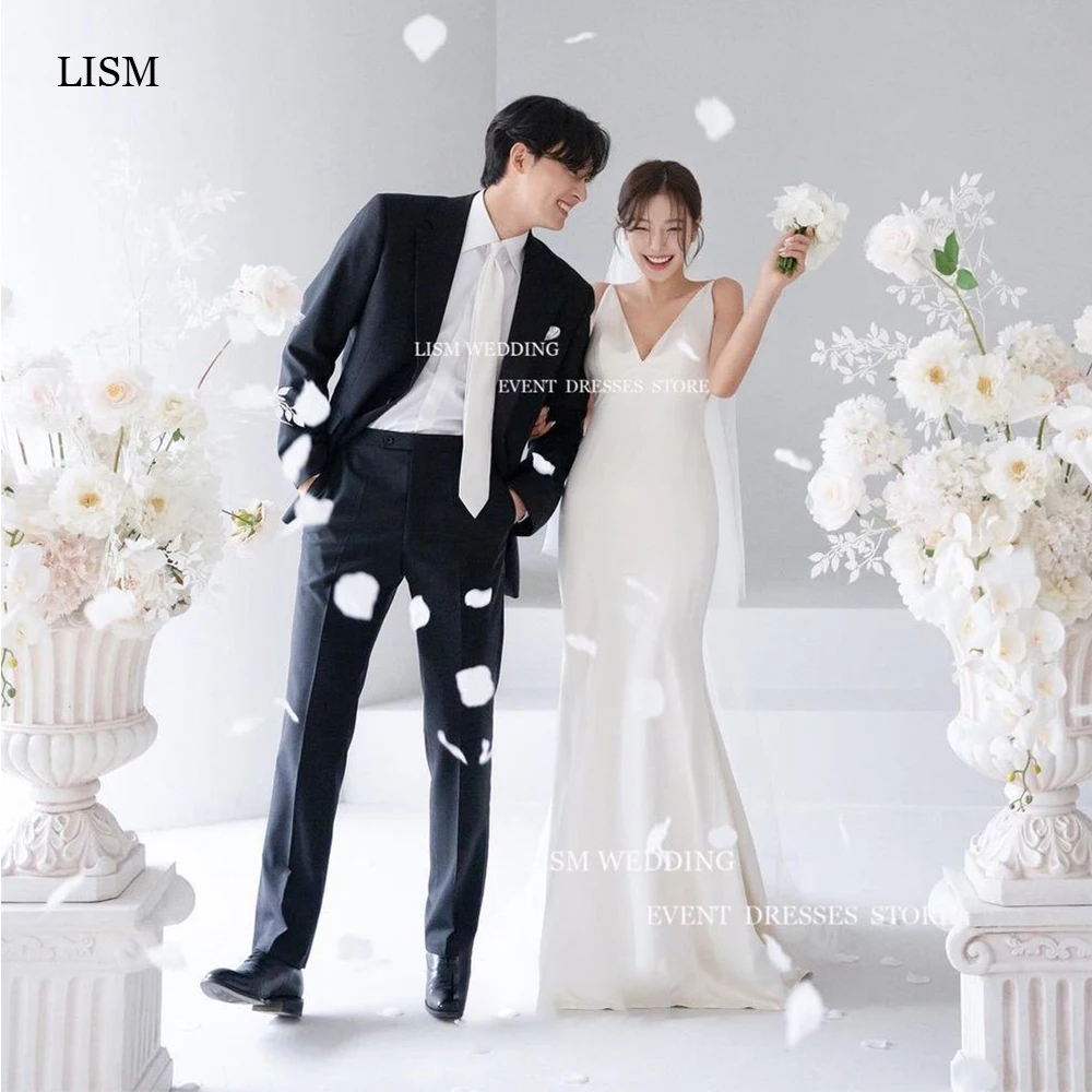 

LISM Simple V Neck Korea Mermaid Wedding Dress Spaghetti Straps Soft Satin Bridal Gown Floor Length 웨딩드레스 With Veil Custom Made