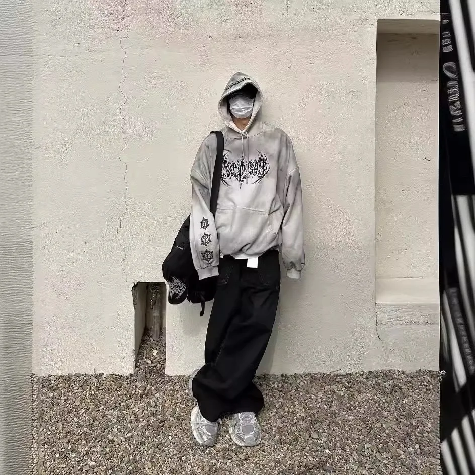 

Grailz Autumn/Winter Washed Vintage Stained Damaged Embroidered Sanskrit Hooded Sweatshirt Vibe Style 2026 Project G/R