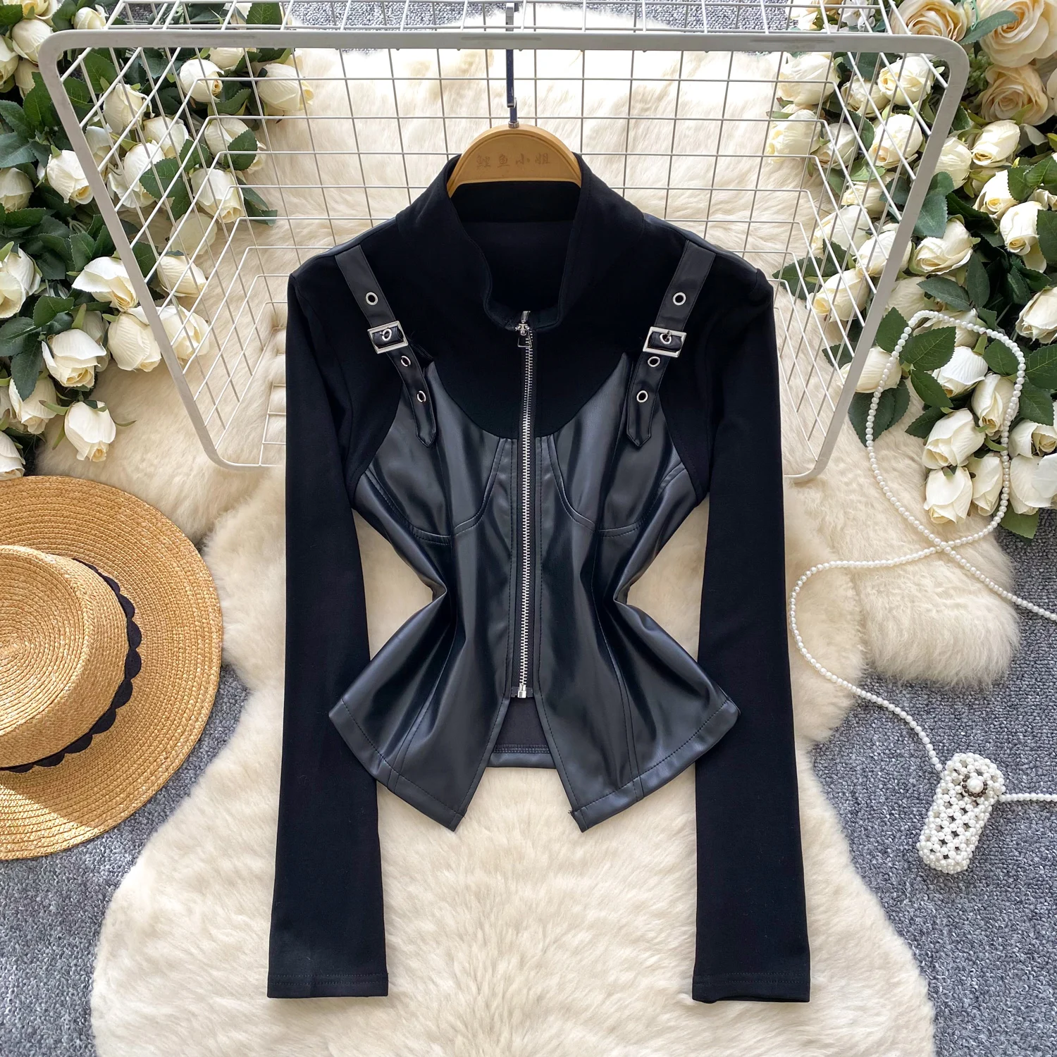 女性用冬用ジッパー付きPUフェイク2ピースデザインコートジャケット レディース Y2K インスシック モトバイカージャケット スタンドネック ホットスウィート パンク ゴシックコート