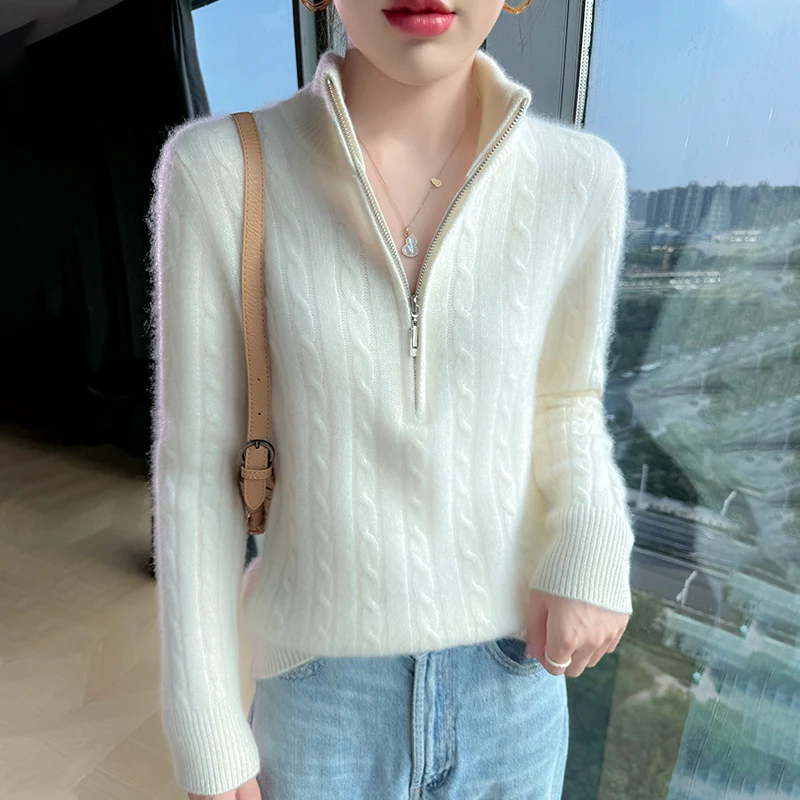 

Autumn And Winter 100% Pure Wool Women's Zipper Sweater Semi-High Neck Knitted Bottoming Shirt Loose Top
