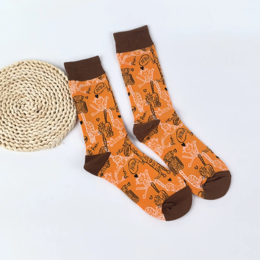 ถุงเท้าฟิตเนสลายแมวน่ารักและแปลกใหม่ 1 คู่ ถุงเท้าผู้ชายแฟชั่นทันสมัยระดับกลางน่อง