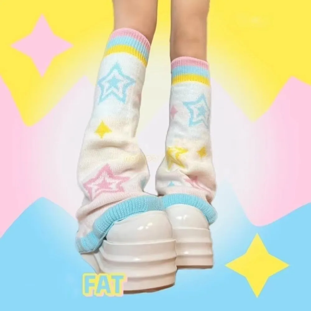 1 pair Jacquard Star Pattern Leg Warmers Candy Color Flared Design Knee-Length Socks Rainbow Color Knitted Socks Women Girls