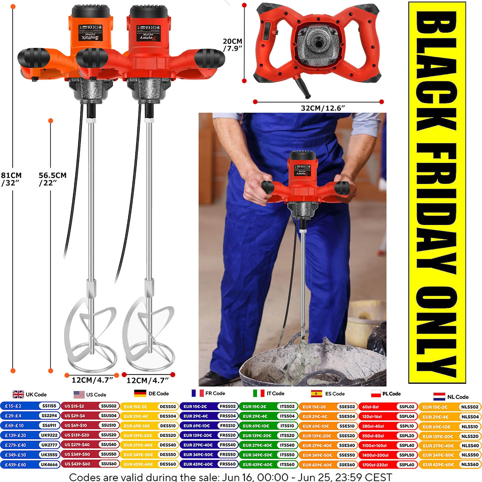 Miscelatore Elettrico Per Calcestruzzo Da 550 W Miscelatore Industriale Agitatore M14 Agitatore A 6 Velocità Variabili Per Miscelare Vernici, Cemento, 2 Colori