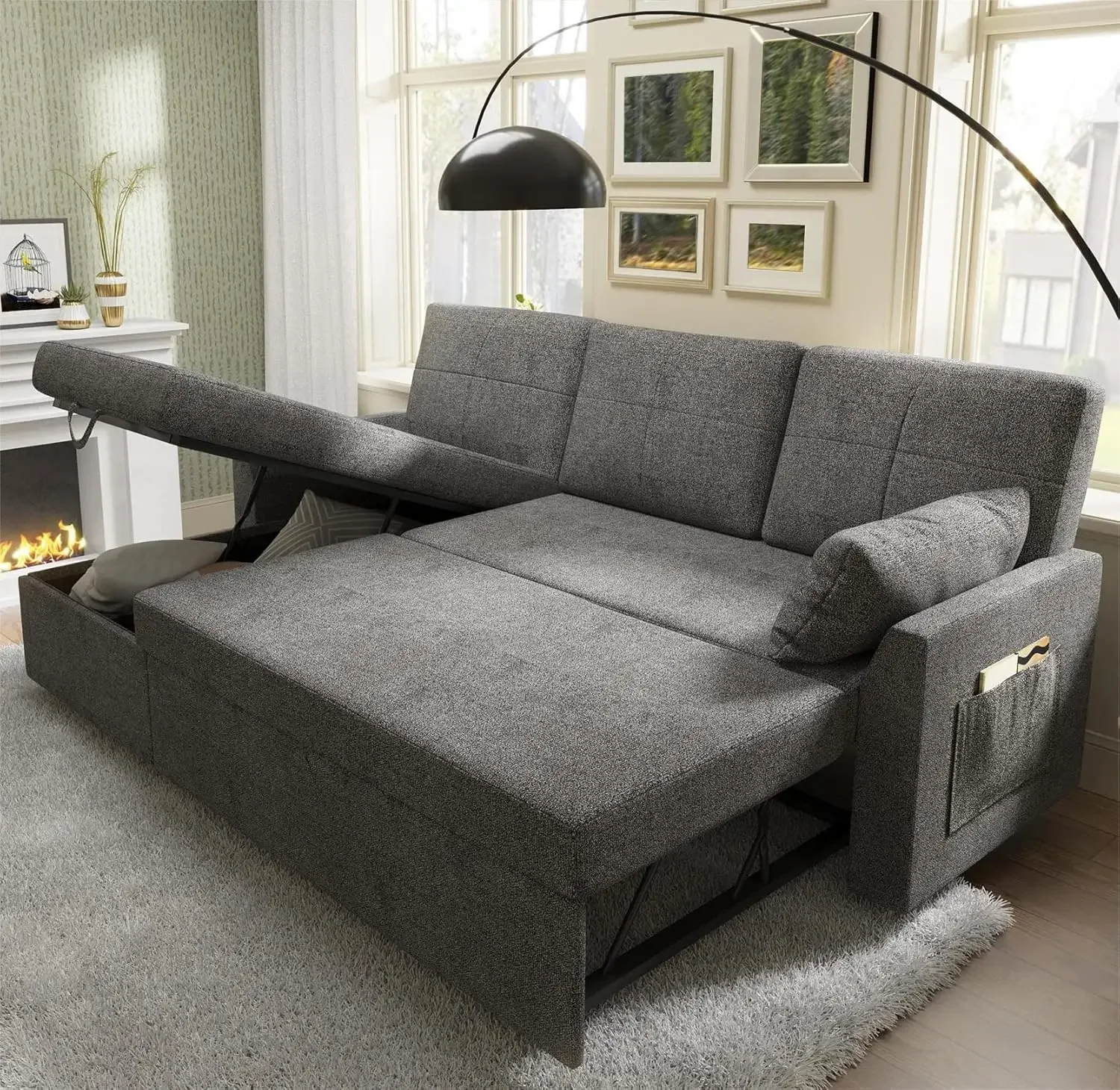 Sleeper Sofa Bed - 2 in 1 Pull Out Couch Bed w/ Storage Chaise for Living Room, Sofa Sleeper with Pull Out Bed, Grey Linen Couch