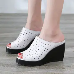 New Women's Summer Leather Hollow One Word Wedges Sandals Thick Sole Non Slip Outdoor Slippers High Heels Sandals Modern Slipper