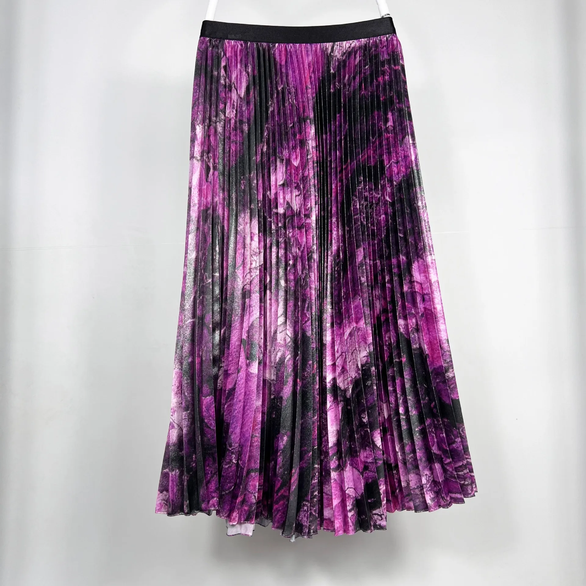 Vintage Floral Print Women Midi Skirt 2024 Elastic High Wais Artistic High Street Summer Pleated Skirt