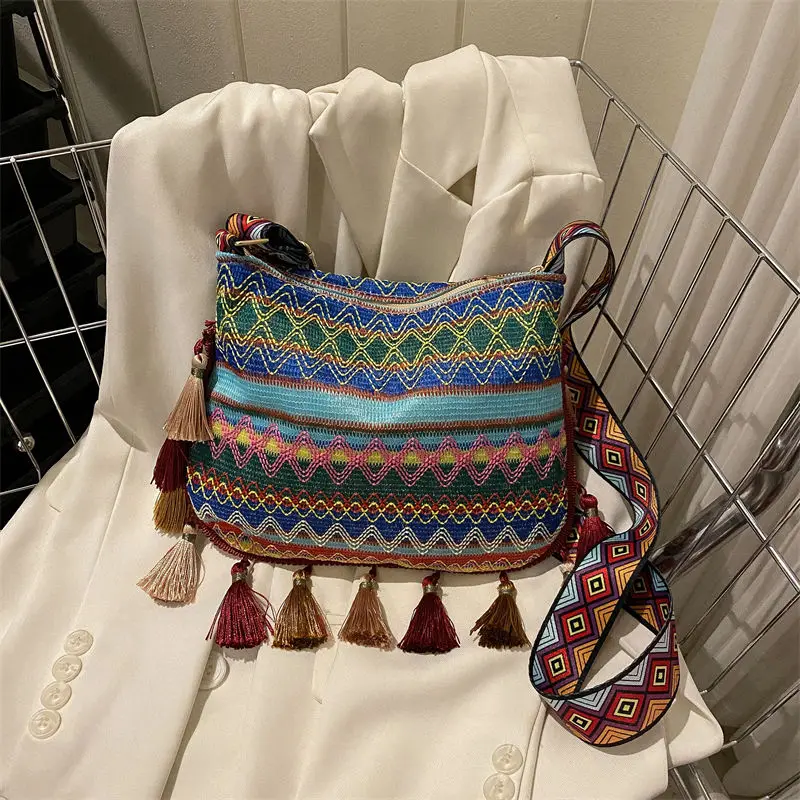 Vintage Women\'s Bag Tassel Ethnic Handwoven Crossbody for Lady Bag Hippie Sling Shoulder Bags for Ladies Handbag Сумка Женская