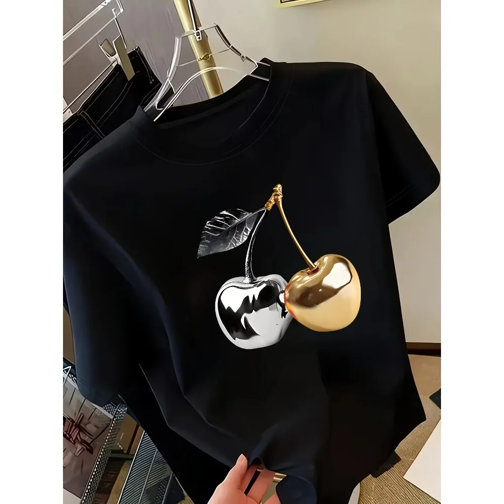 Goldener Kirschdruck Damen Kurzarm-T-Shirt Stilvolles Casual-Oberteil mit Eleganz Vielseitiges Top für Frauen Minimalistisches Design – Detail 10