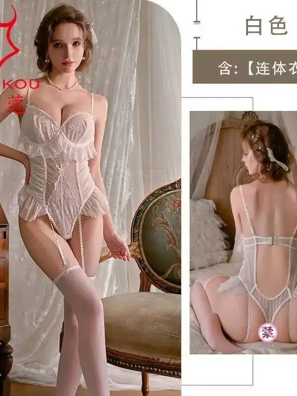 New Sexy Solid Color Fold Lace Mesh Flower Print Bodysuits Backless Deep V Suspenders Sleeveless Bodysuits Charming Elegant GX1H