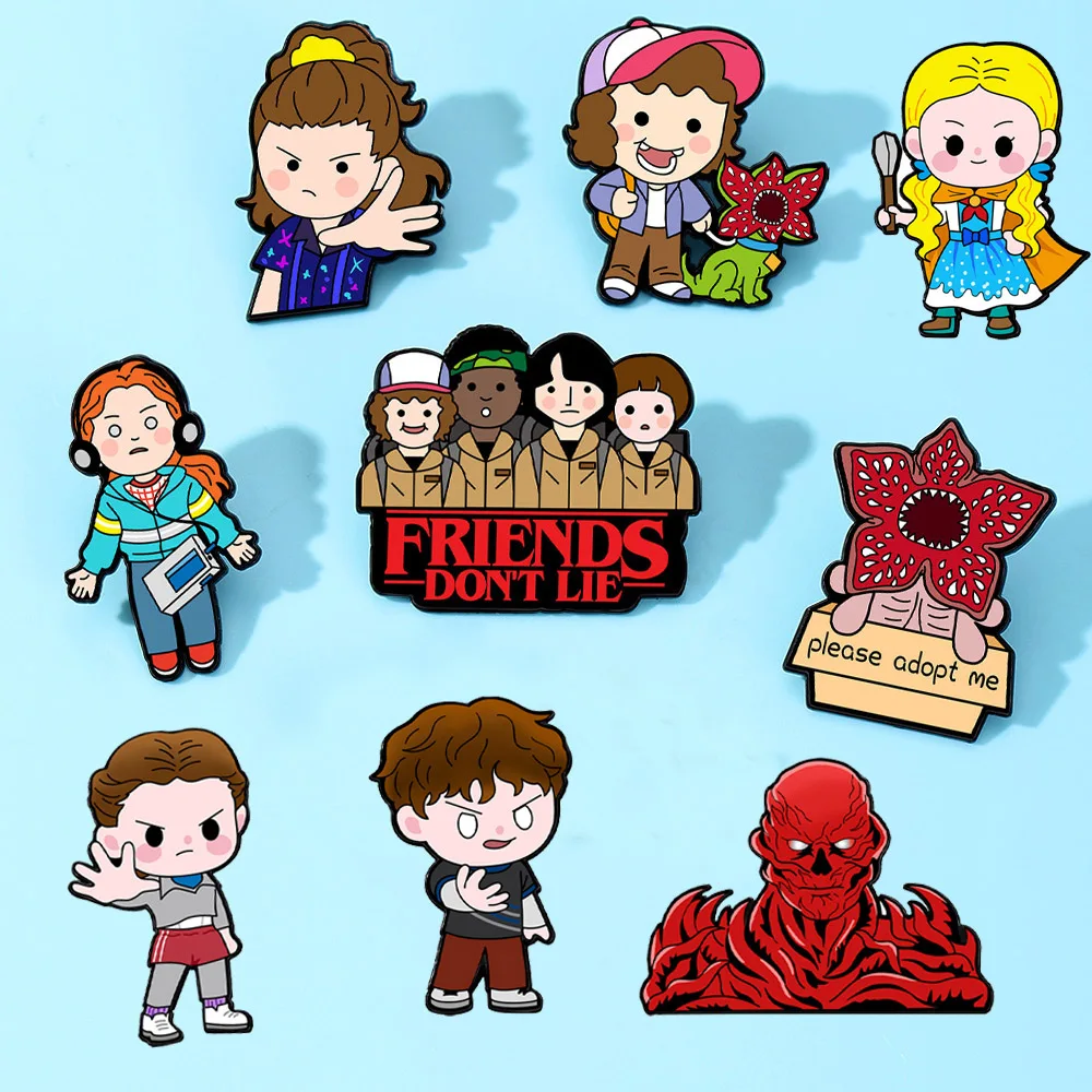 9-teiliges Set Horror-Charaktere Demogorgon Kannibaler-Blume Emaille-Anstecknadeln Cartoon Eleven Robin Revers-Brosche Abzeichen für Sammler-Geschenk – Detail 4