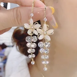 New Exquisite Zircon Opal Flower Earrings For Women Shiny Rhinestone Long Tassel Earring Girls Wedding Party Temperament Jewelry