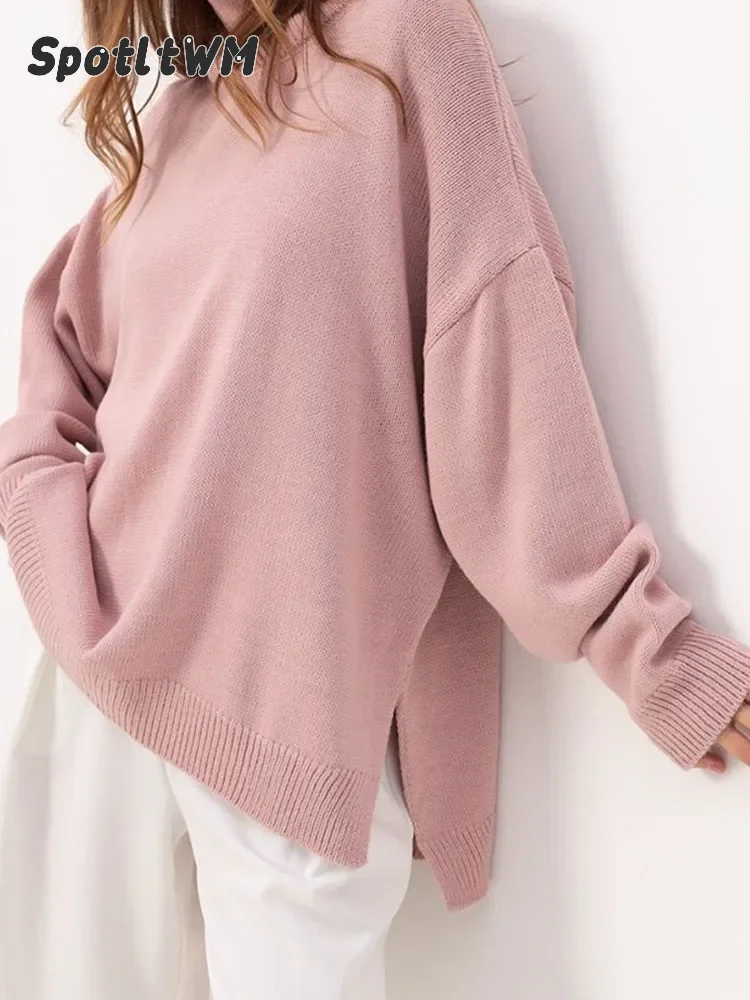 

Autumn Turtleneck Side Slit Knit Sweater For Women 2024 Casual Solid Long Sleeves Oversized Jumpers Basic Soft Pullover Knitwear