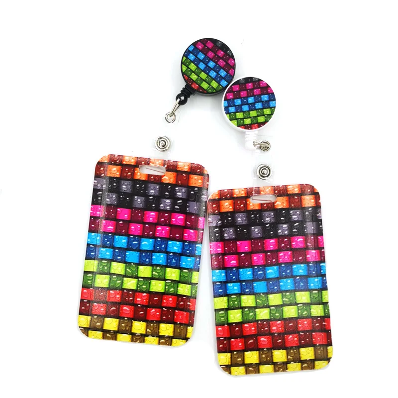 Colorful Stained glass lattice pattern Cute Credit Card Cover Lanyards Bags Retractable Badge Reel Student Clips Cards ID Card