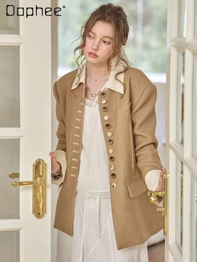 

Autumn Winter Heavy Craft Personality Colorful Single-Breasted Patchwork Jacket Commuting Style Elegant Slim Long Sleeve Jackets