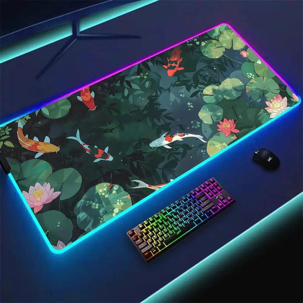 

Cute koi fish pattern RGB Mouse Pad Desk Mat gaming mats Non-Slip Stitched Edge keyboard Extended pad LED glow Gaming mouse pad