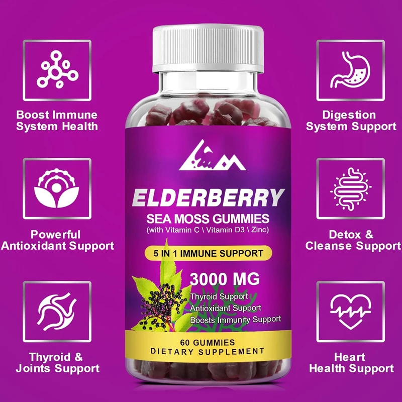 

Black elderberry gummies and seaweed gummies, containing zinc and multiple vitamins, provide immune and energy support