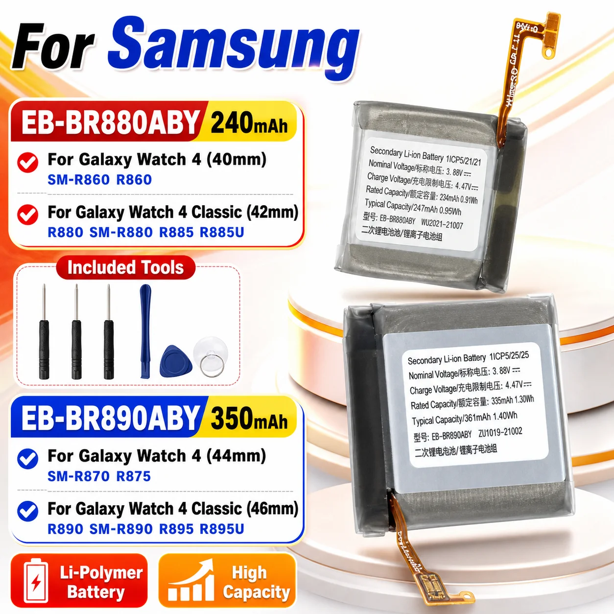 Smart Watch Replacement Battery EB-BR880ABY EB-BR890ABY For Samsung Galaxy Watch 4 40mm 44mm R860 R870 With Tools
