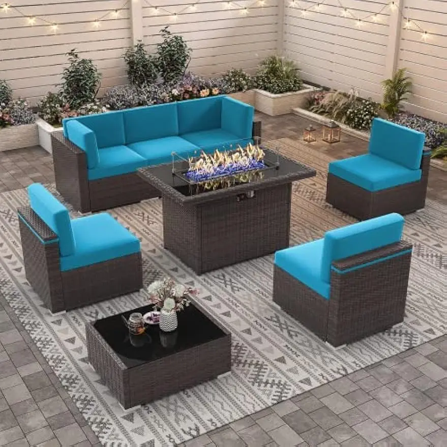 

8 Pieces Patio Furniture Conversation Sofa Set with 44" Propane Gas Fire Pit Table, Outdoor Sectional Rattan Wicker Sofa Set