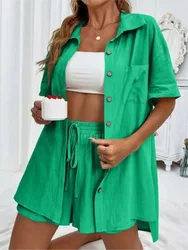 Cotton And Linen 2 Piece Set Women Fashion Short Sleeve Solid Color Shirt +loose Shorts Suit 2024 Summer Office Lady Casual Sets