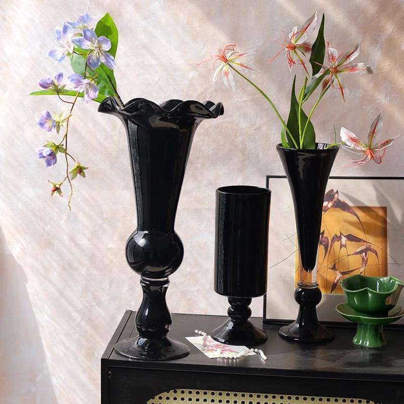 Vintage French Black Glass Tall Vase Fenton Style Decorative Flower Container Minimalist Tabletop Floral Arrangement Ornament