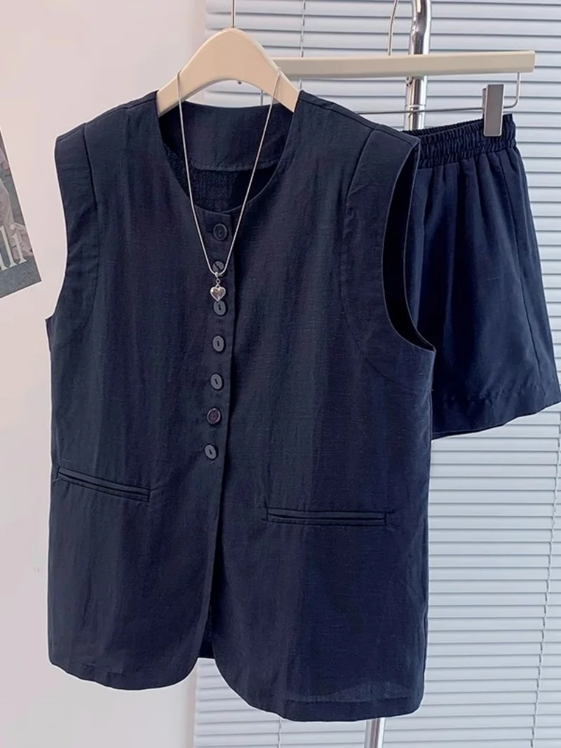 

Popular Linen Set Two-Piece Outfit Women's High-End Cotton And Linen Light Luxury Summer Shorts w035