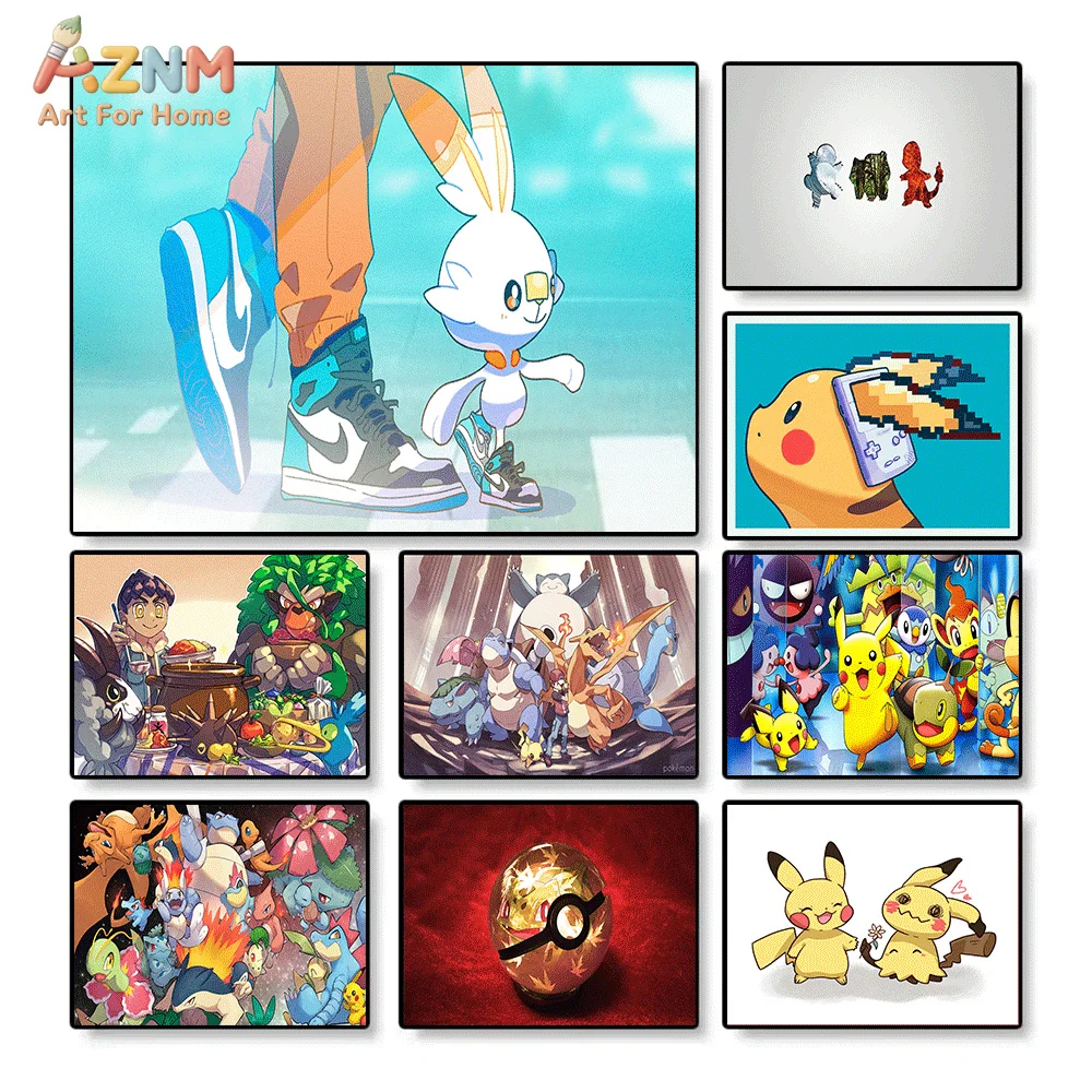 AZNM Pokemon Scorbunny Pikachu Starter Pokeball Anime Impresión HD sin marco Pintura en lienzo Decoración de pared para dormitorio y sala de estar