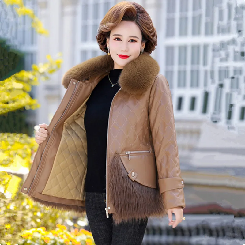 UHYTGF Quality PU Leather Cotton Coat Women 2022 Fur Collar Casual Warm Winter Leather Jacket Parka Female 5XL Size Overcoat 159