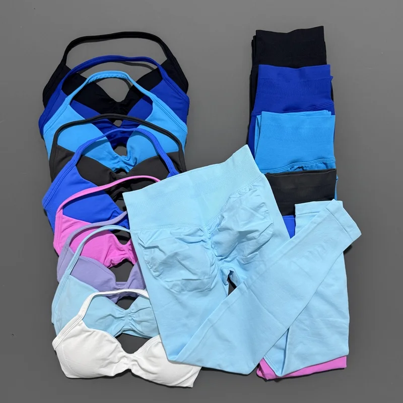 2Pcs HISTELLO Sport Set Frauen Strappy Bh Top Hohe Taille Workout Scrunch Leggings Sport Anzug Nahtlose Yoga Set Fitness kleidung