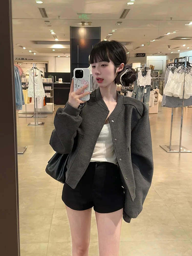 

Baseball Jackets Grey With White Sleeves Womens Summer Loose Plain Lapels Embroidery Seductive Woven Dryfit Unisex Ice Belted OL