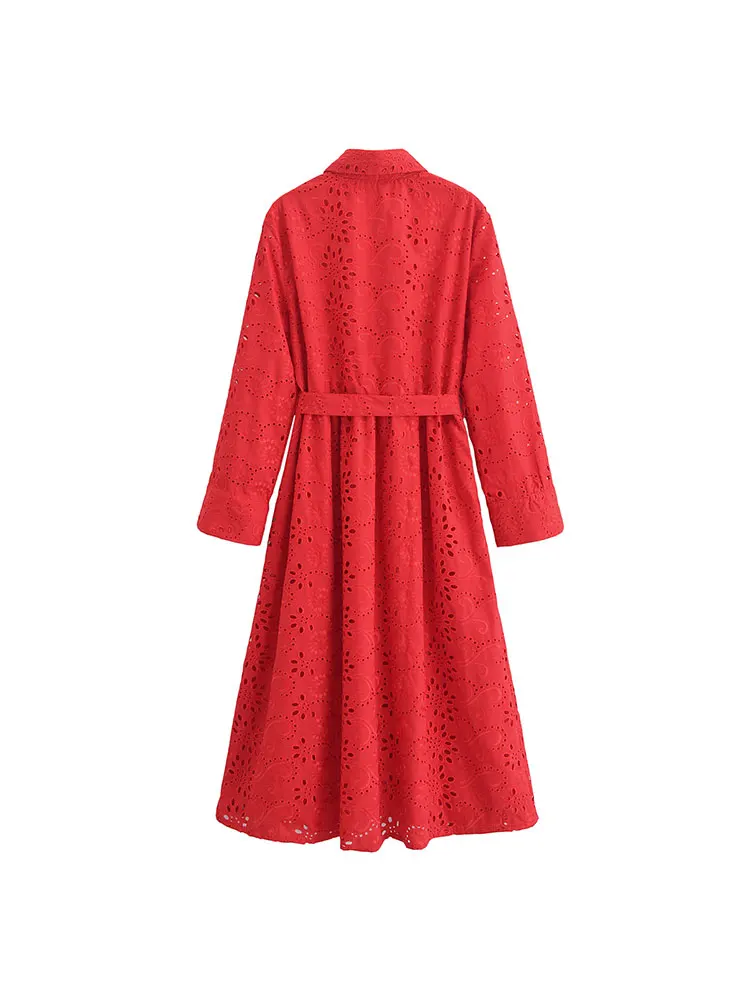 TRAF 2024 Autumn Women's Dresses Red Hollow Embroidery Decoration Waist Lace Up Long Dress Daily Casual Streetwear