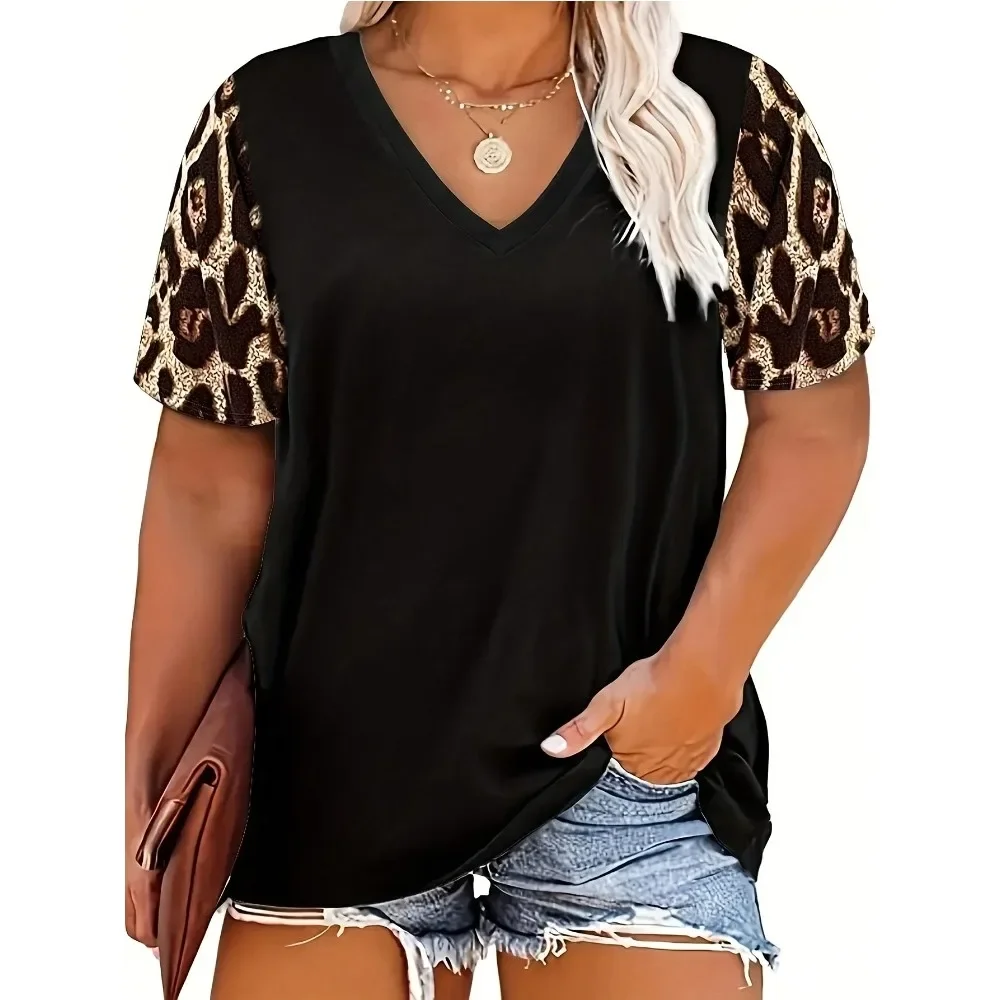 حجم كبير 1XL-5XL جديد المرأة قصيرة الأكمام اللون مطابقة ليوبارد تي شيرت مطبوع المرأة الخامس الرقبة اللون متقلب تي شيرت مطبوع #1