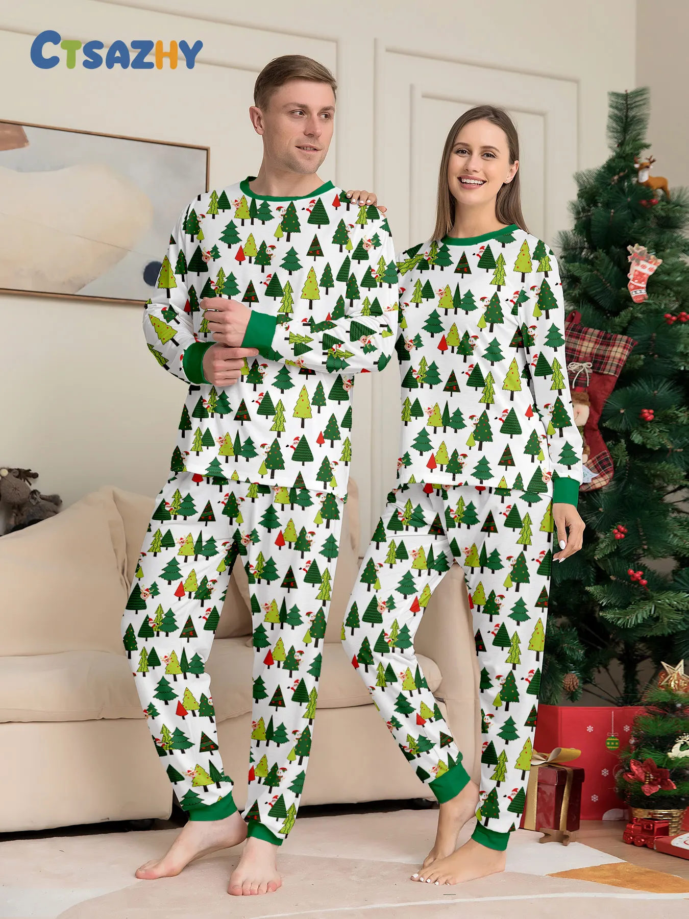 

Merry Christmas Couple Pajamas - Long Sleeve White Christmas Tree Print & Green Cuff Pants Set