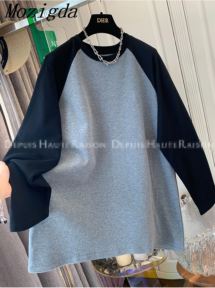 

Осенняя женская футболка серого цвета с круглым вырезом контрастного цвета с длинным рукавом, свободные футболки для женщин, рубашки в стиле пэчворк