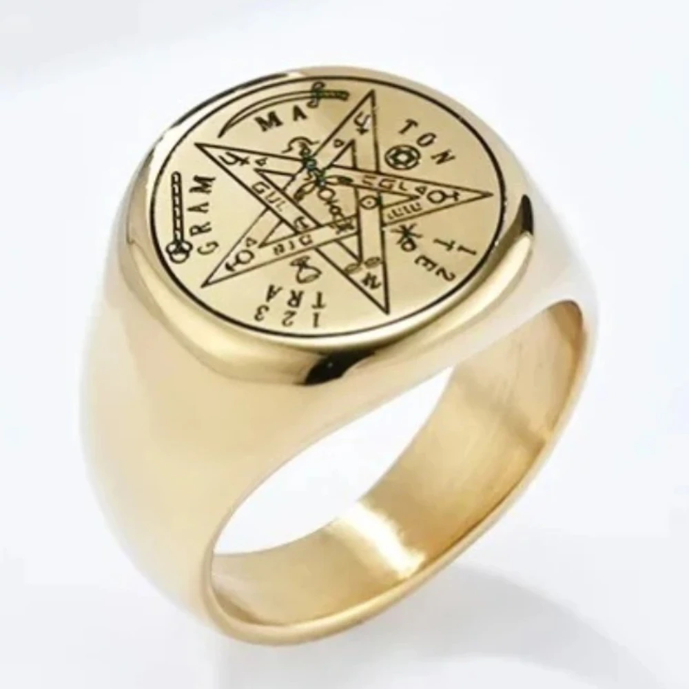 New Fashionable Men's Titanium Steel Ring Vintage Hebrew Four Letter Pentagram Rings Party Jewelry