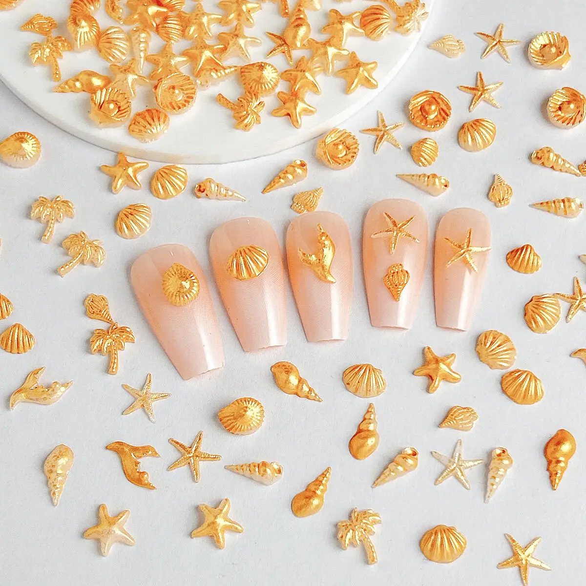 

50PCS Hot Sale Creative Starfish Shell Conch Nail Charms 3D Solid Color Coconut Tree Summer Beach Nail Art Decorations DIY Nails