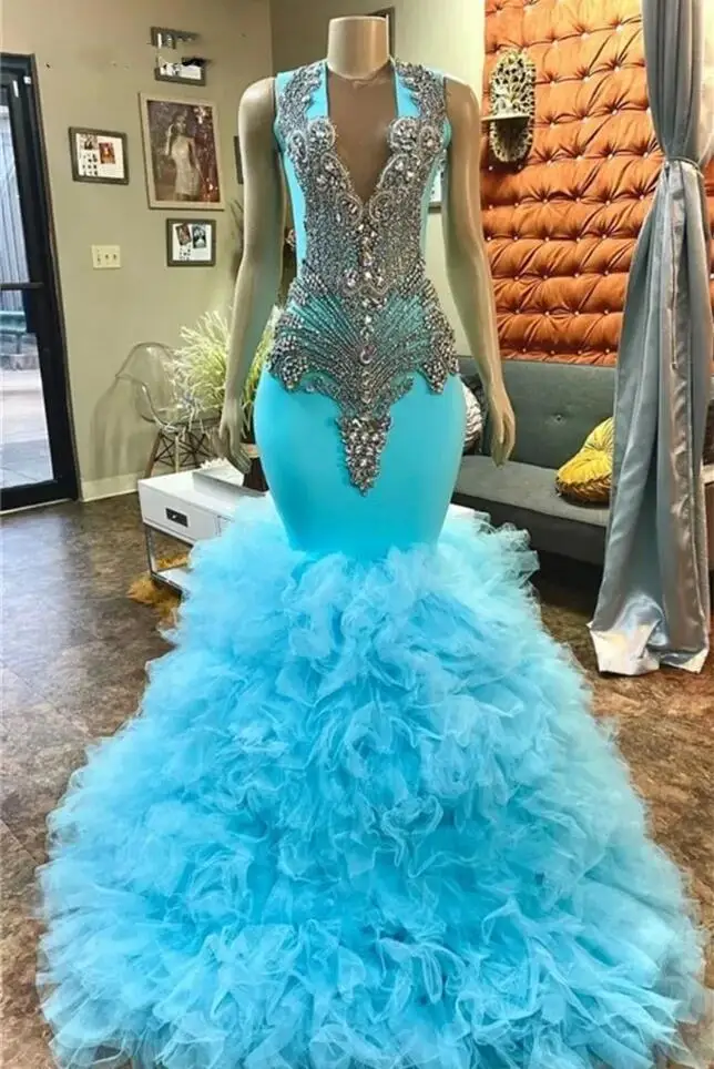 Elegant Blue Prom Dresses 2025 Sparkly Diamond Crystal Rhinestones Beading Tiered Ruffle Birthday Party Evening Gown Vestidos