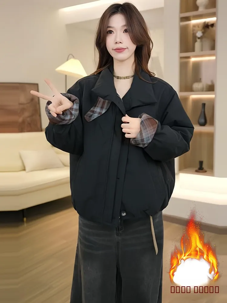 

Korean Sle Commuter Thiened Fce Lined down Cotton Jaet Women's Winter Warm Coat Long Sve round Ne Zipper Closure