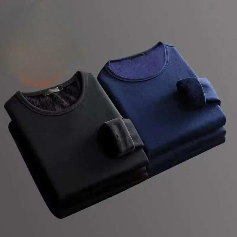 2 pcs Men Thickening Thermal Underwer Warm Tops Long Sleeve Fleece Round Neck Fashion Men Winter Thermal Underwer Plus Clothing