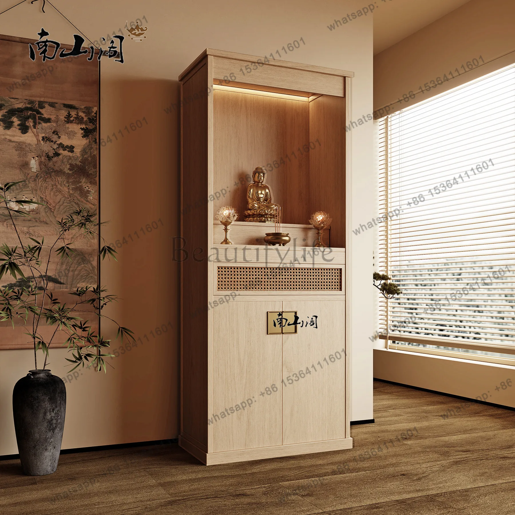 YJ New Chinese Solid Wood Standing Shrine Cabinet Natural Wood Look Home Worship Altar Prayer Storage Unit