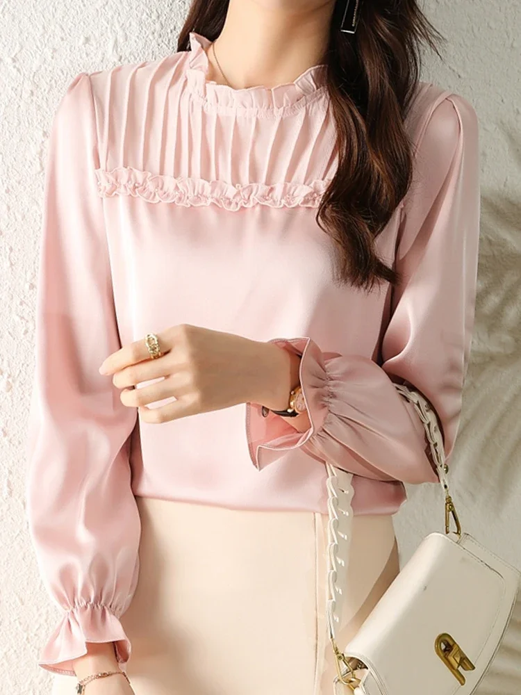 Spring Women Ruffles Pink Chiffon Blouse Shirt Women Tops Long Sleeve Blouse Women Blusas Mujer De Moda 2024 Blouses Shirts F450