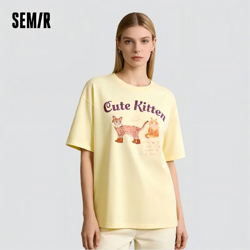 Camiseta Feminina Semir de Manga Curta, Comprimento Médio, Estampa Fofa Retrô, Nova Coleção Verão 2025, Blusa Solta com Tecnologia de Absorção de Umidade, Estilo Niche