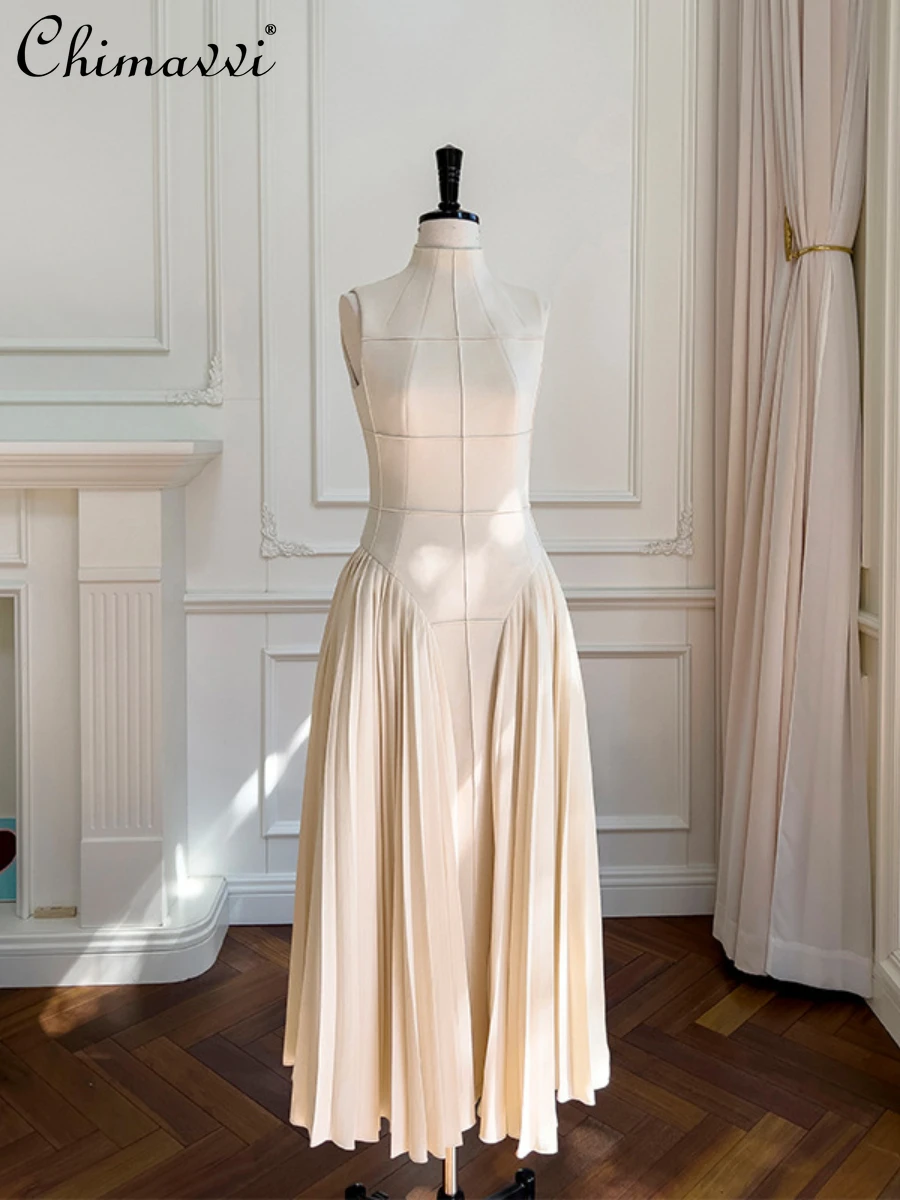 

Новинка весна-лето 2024, модное платье средней длины без рукавов с воротником-стойкой, женское платье с завышенной талией, облегающие элегантные платья