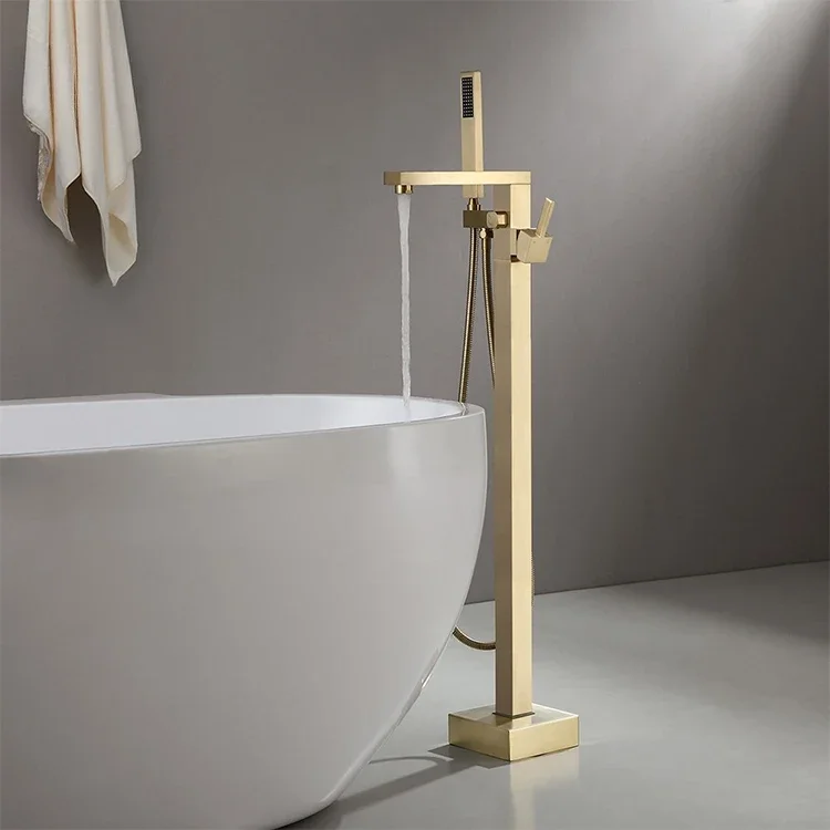 

Original brand new510·01Y Bathroom Gold brush faucet filler floor standing hot & cold mixer brass Handheld Shower Free standing